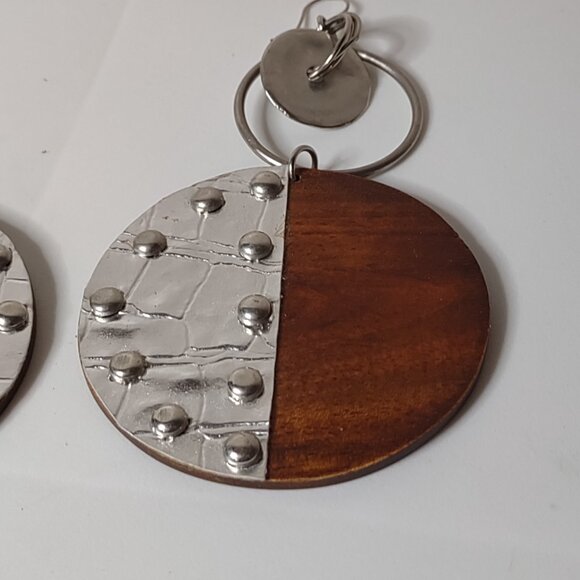 Very Large Wood And Metal Dangle Earrings - Picture 3 of 16